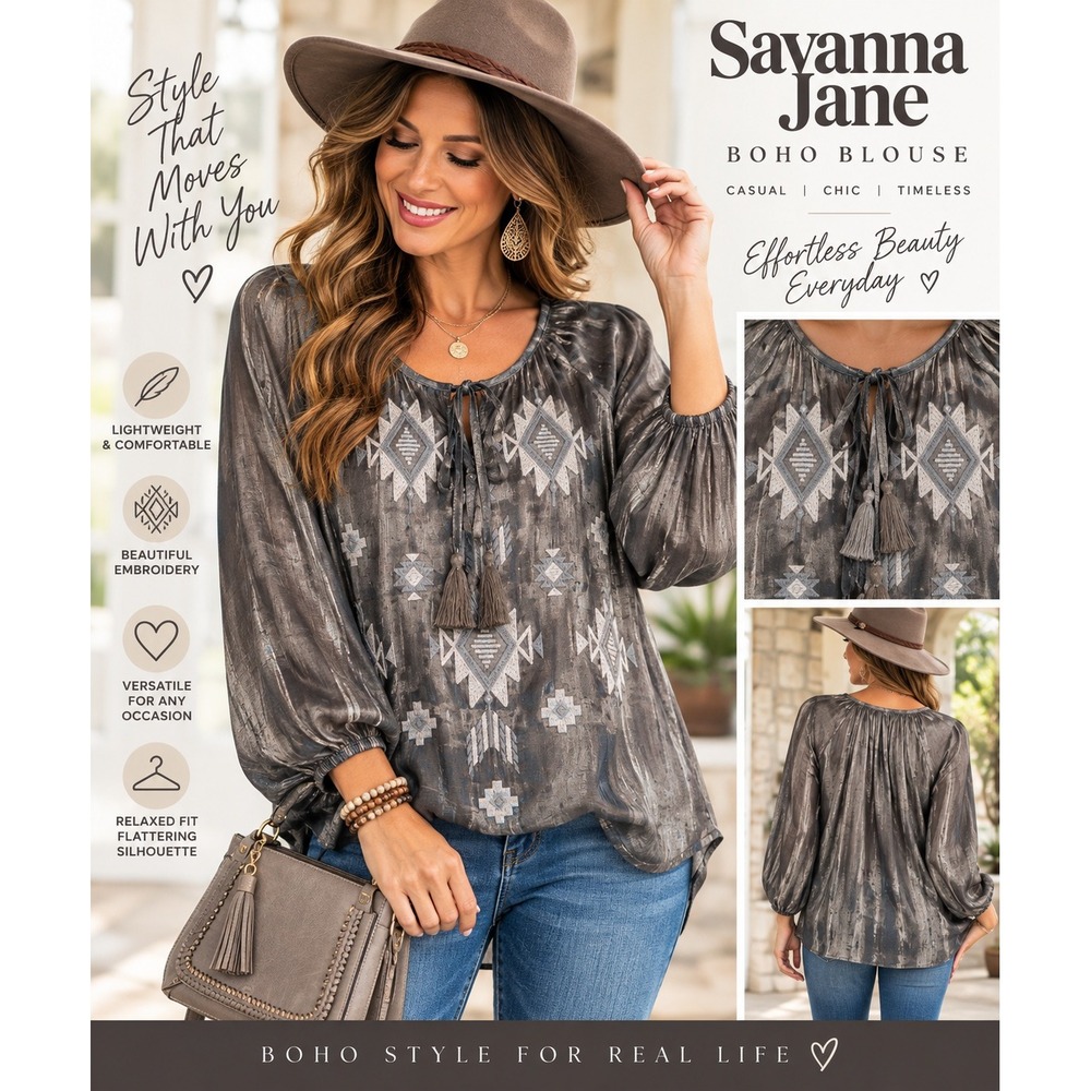 Savanna Jane Western Boho Gray Shiny long sleeve top Size Large Embroidered